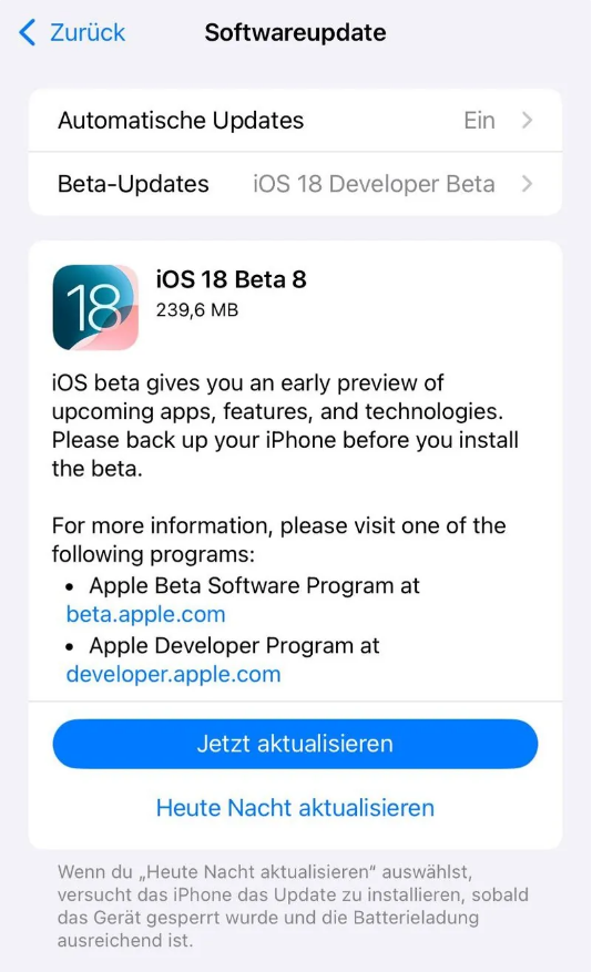 平湖苹果手机维修分享苹果 iOS / iPadOS 18 开发者预览版 Beta 8 发布 